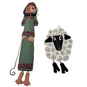 Handmade Clay Shepherd & Sheep Ornament Decor Dangling Legs Signed AJB
